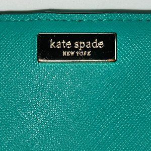 Kate Spade Laurel Way bifold wallet, teal saffiano leather, with gold hardware